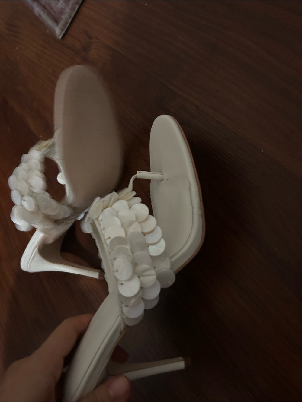Guizio White Sequin Thong High Heel Sandal - Picture 2 of 11